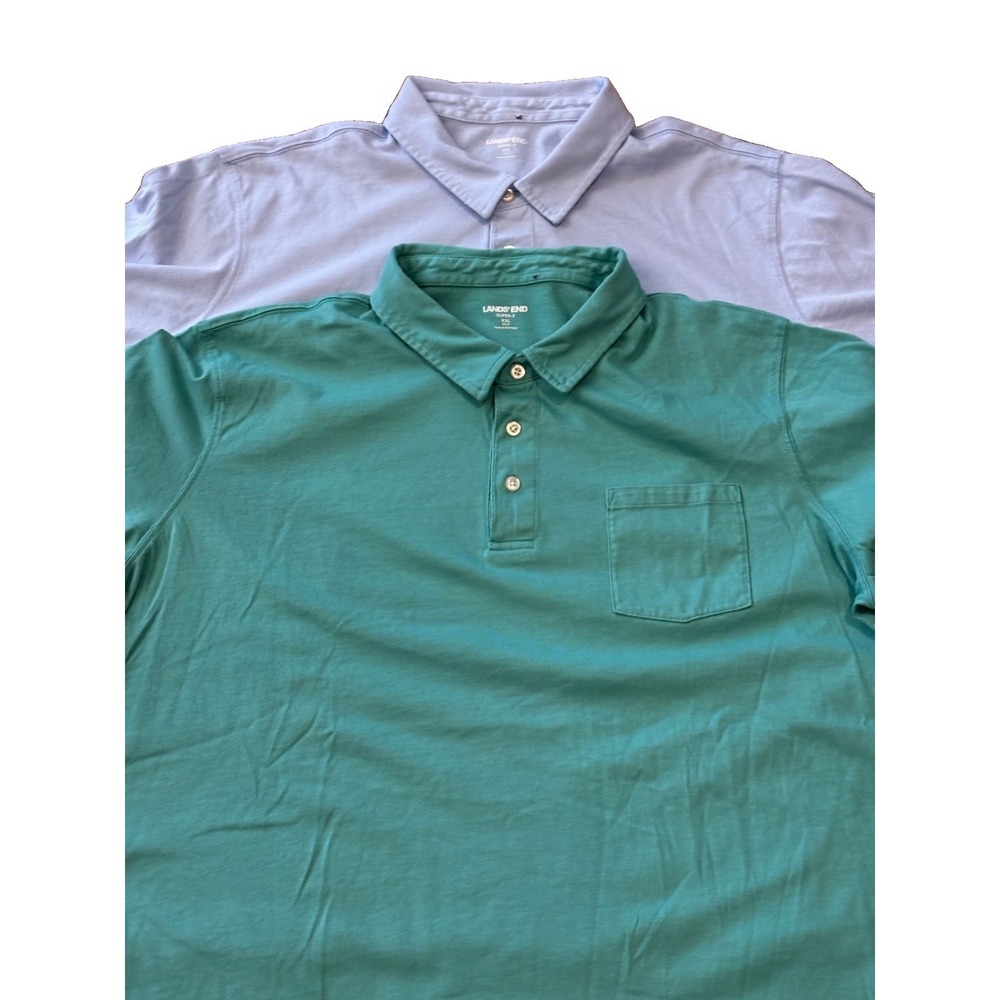 2 Lands End Mens 2XL Green & Light Blue Polo Shirts 100% Cotton Traditional Fit